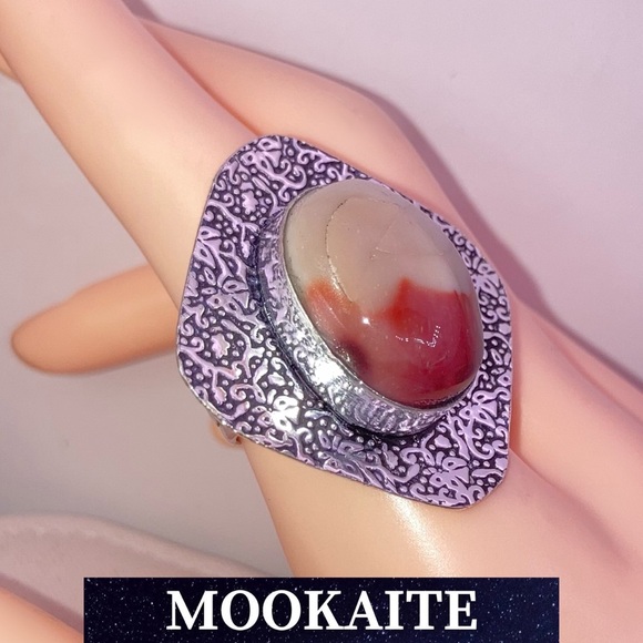 Mookaite Jasper Gemstone Handmade Halo Ring - Picture 2 of 5